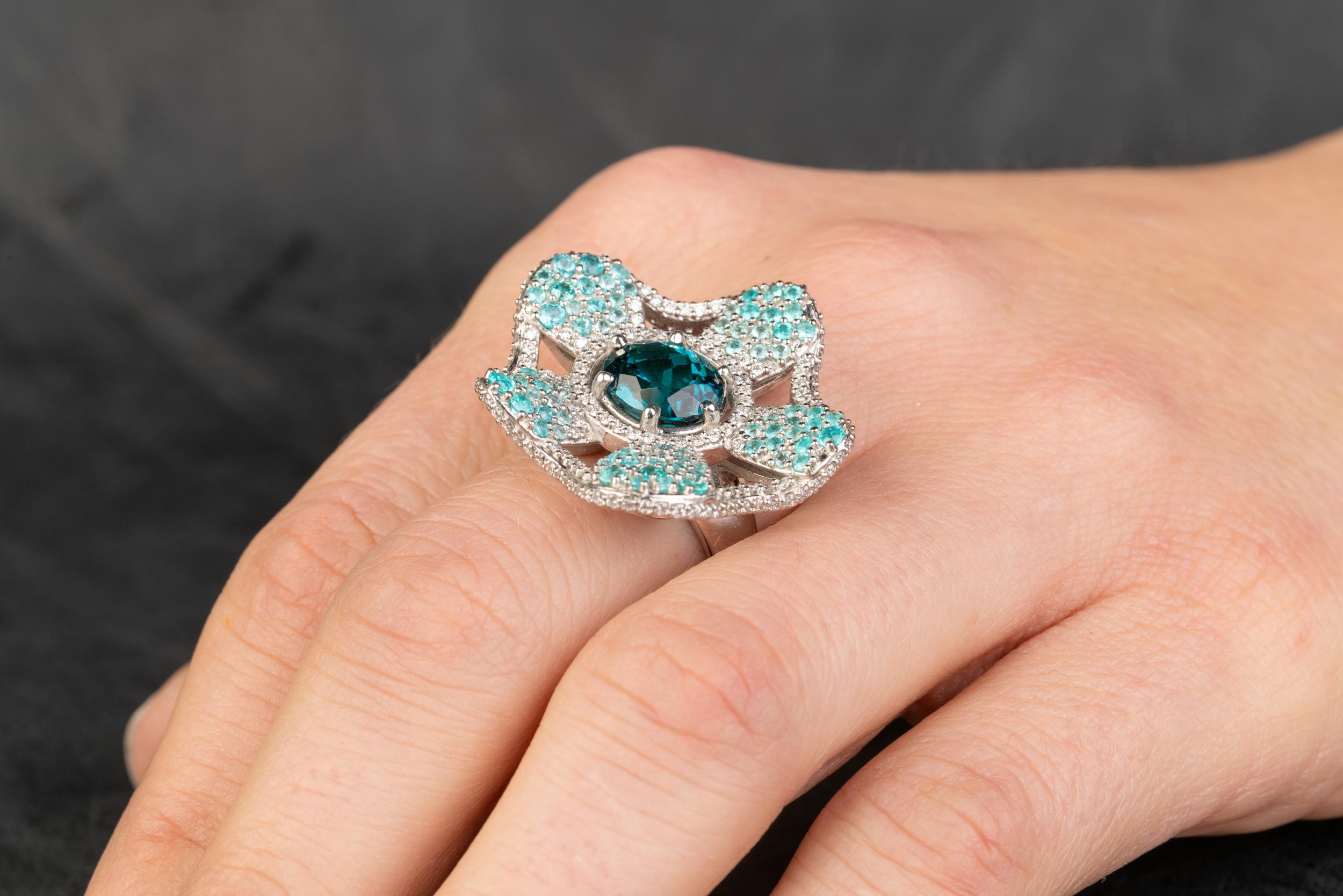 Women's Indicolite and Paraiba Tourmaline Platinum Flower Ring with Diamonds For Sale