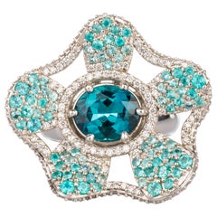 Indicolite and Paraiba Tourmaline Platinum Flower Ring with Diamonds