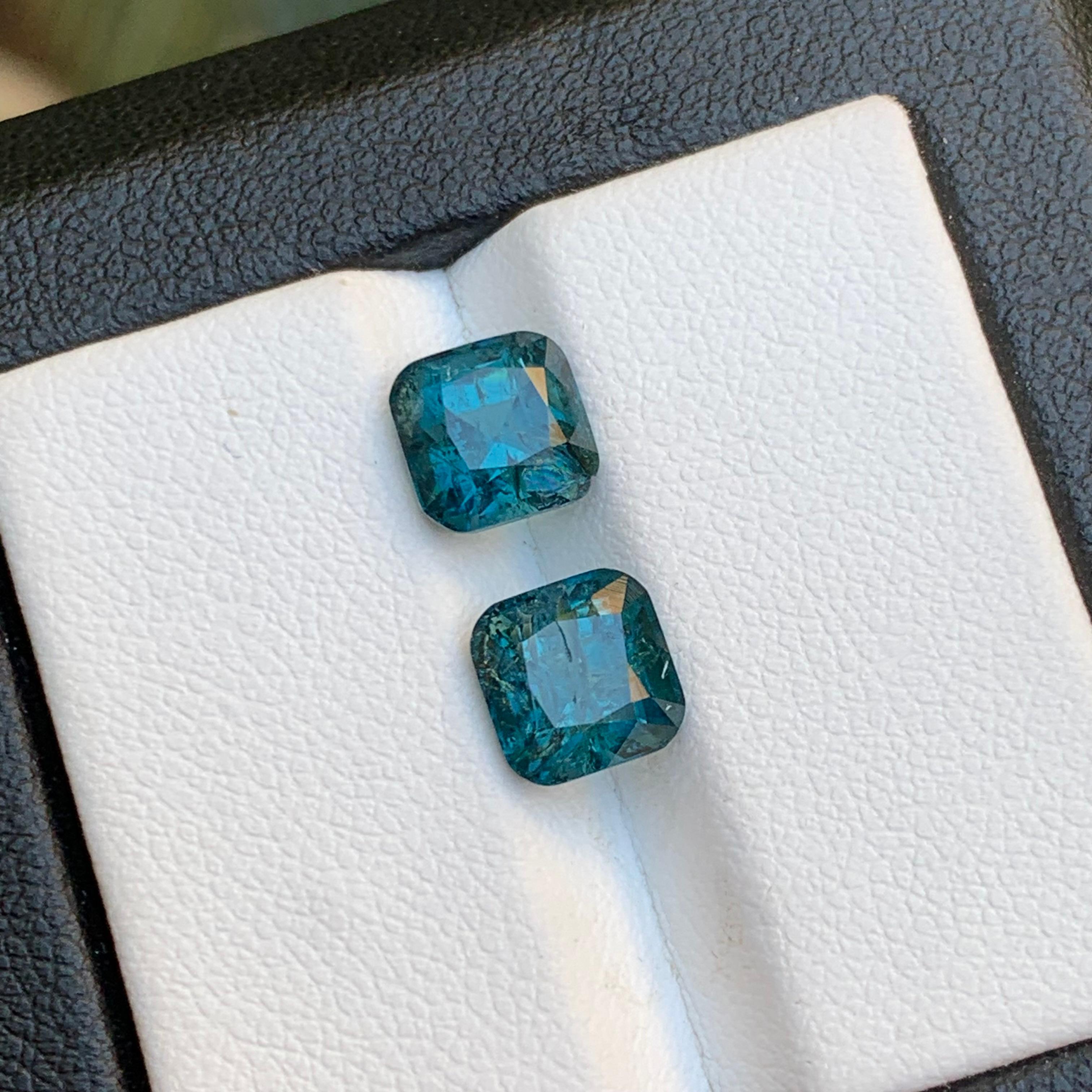 Cushion Cut Indicolite Blue Natural Tourmaline Earrings Loose Gemstones Perfect Pair 3.75 CT For Sale