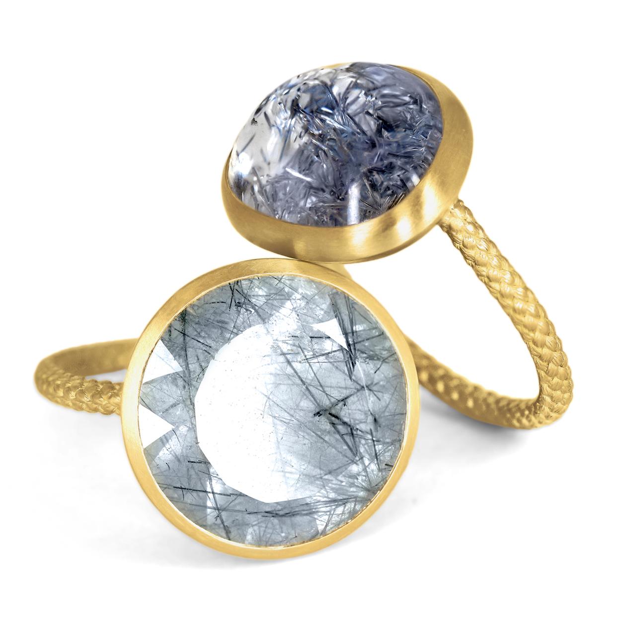 One of a Kind Ring hand-fabricated in Japan in 18k yellow gold by acclaimed jewelry artist Shinobu Marotta (Talkative Marotta) showcasing a stunning natural round 11.14 carat faceted quartz crystal featuring deep blue indicolite tourmaline needles