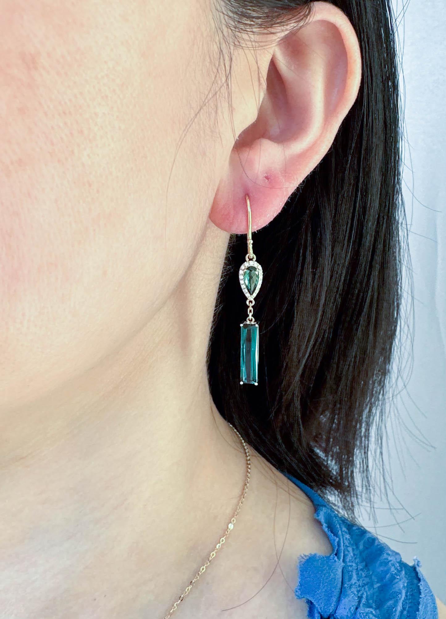 Indicolite Lagoon Tourmaline Long Earrings 14K Gold In New Condition For Sale In Osprey, FL