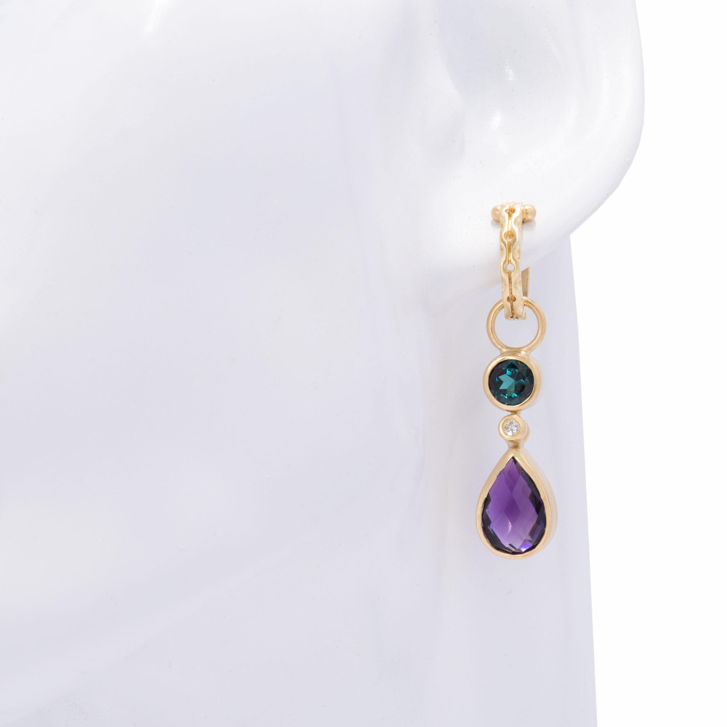 Contemporary Indicolite Tourmaline and Amethyst Tango Hoop and Drop 18 Karat Gold Earrings For Sale