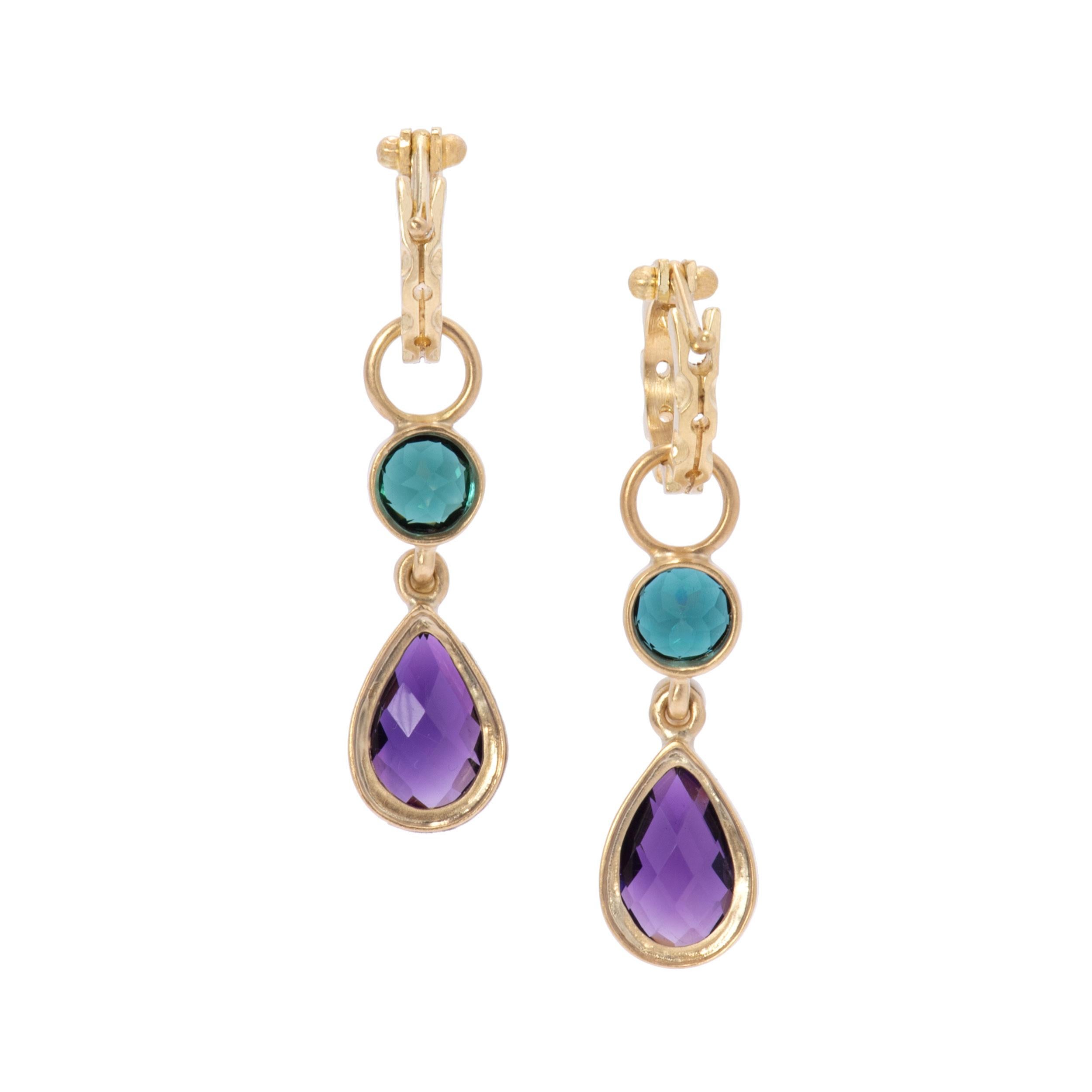 Pear Cut Indicolite Tourmaline and Amethyst Tango Hoop and Drop 18 Karat Gold Earrings For Sale