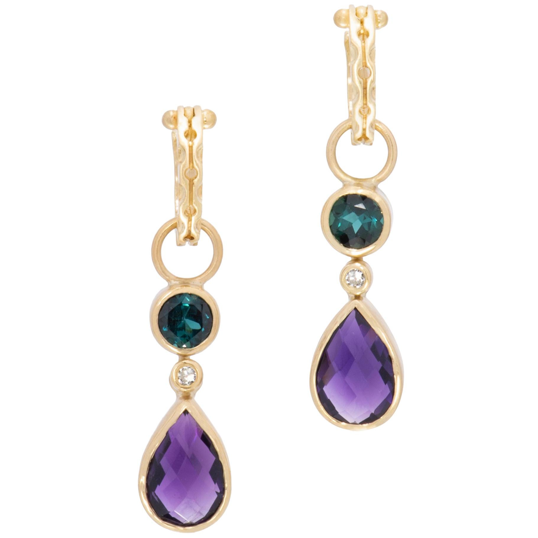 Indicolite Tourmaline and Amethyst Tango Hoop and Drop 18 Karat Gold Earrings For Sale