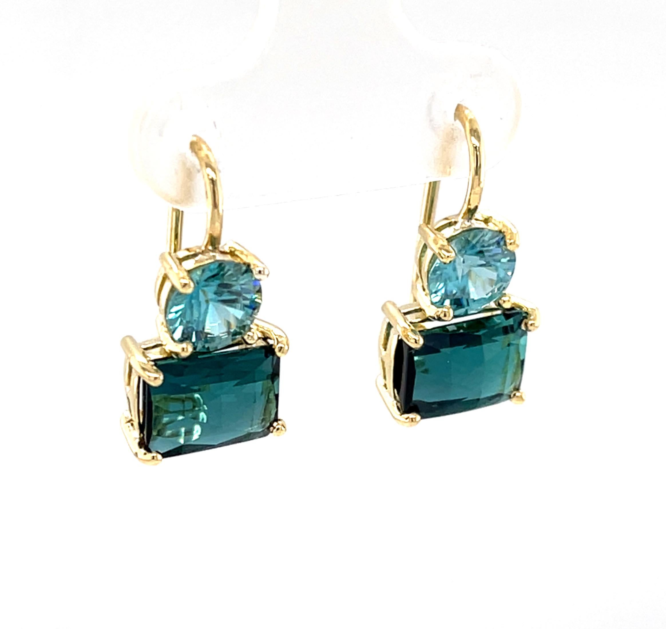 Artisan Indicolite Tourmaline and Blue Zircon Drop Earrings in 18k Yellow Gold For Sale