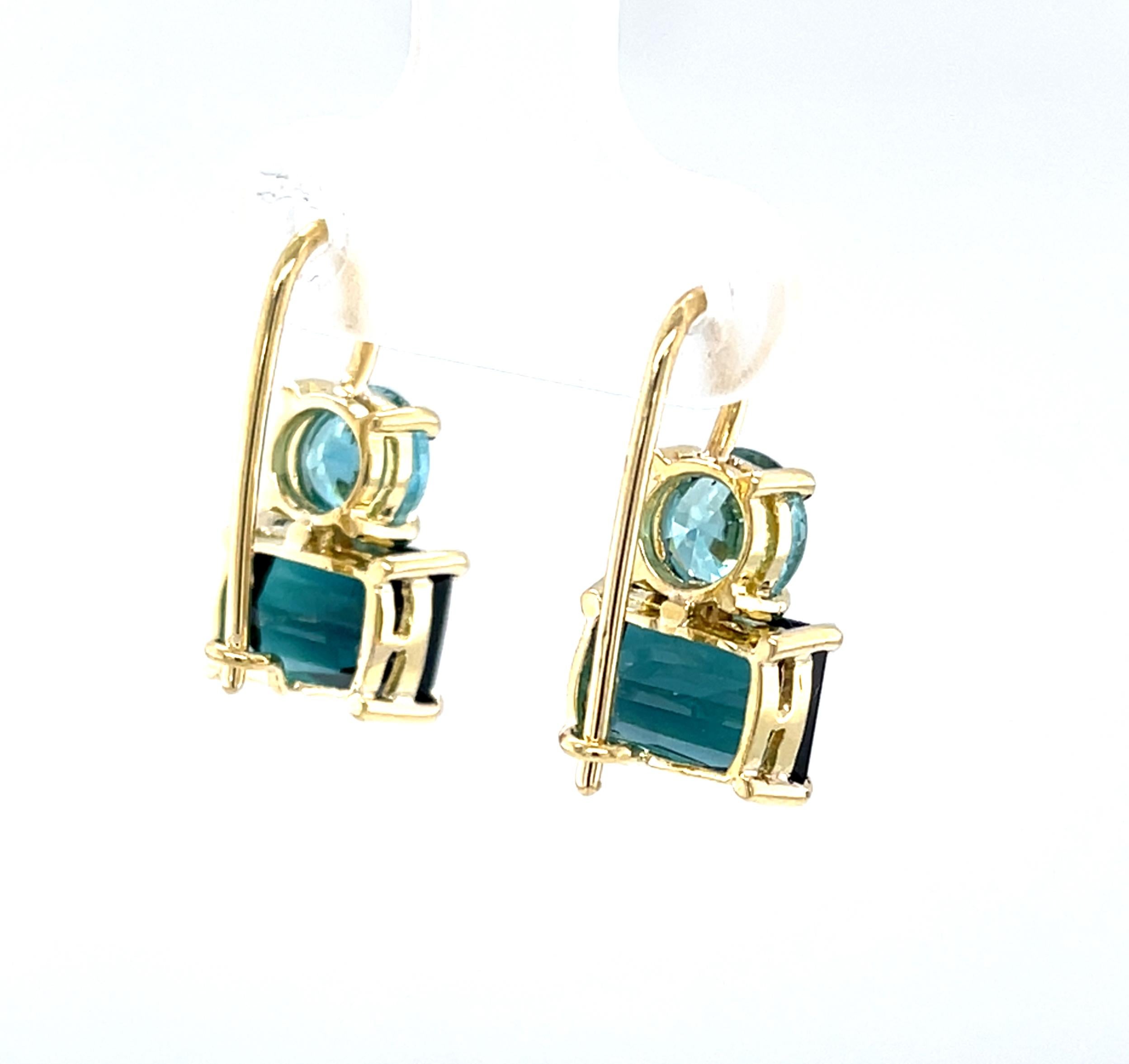 Women's Indicolite Tourmaline and Blue Zircon Drop Earrings in 18k Yellow Gold For Sale