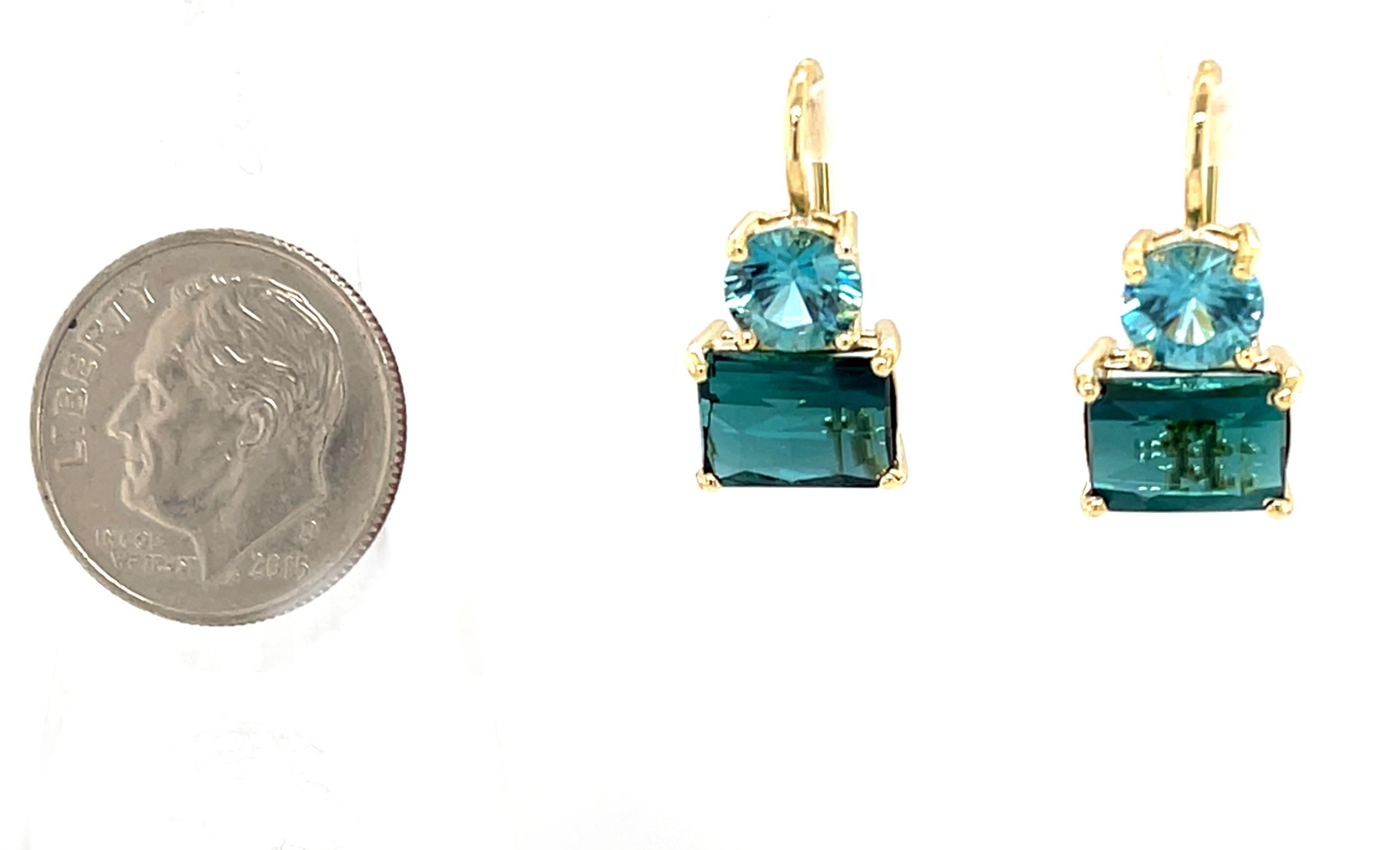 Indicolite Tourmaline and Blue Zircon Drop Earrings in 18k Yellow Gold For Sale 1