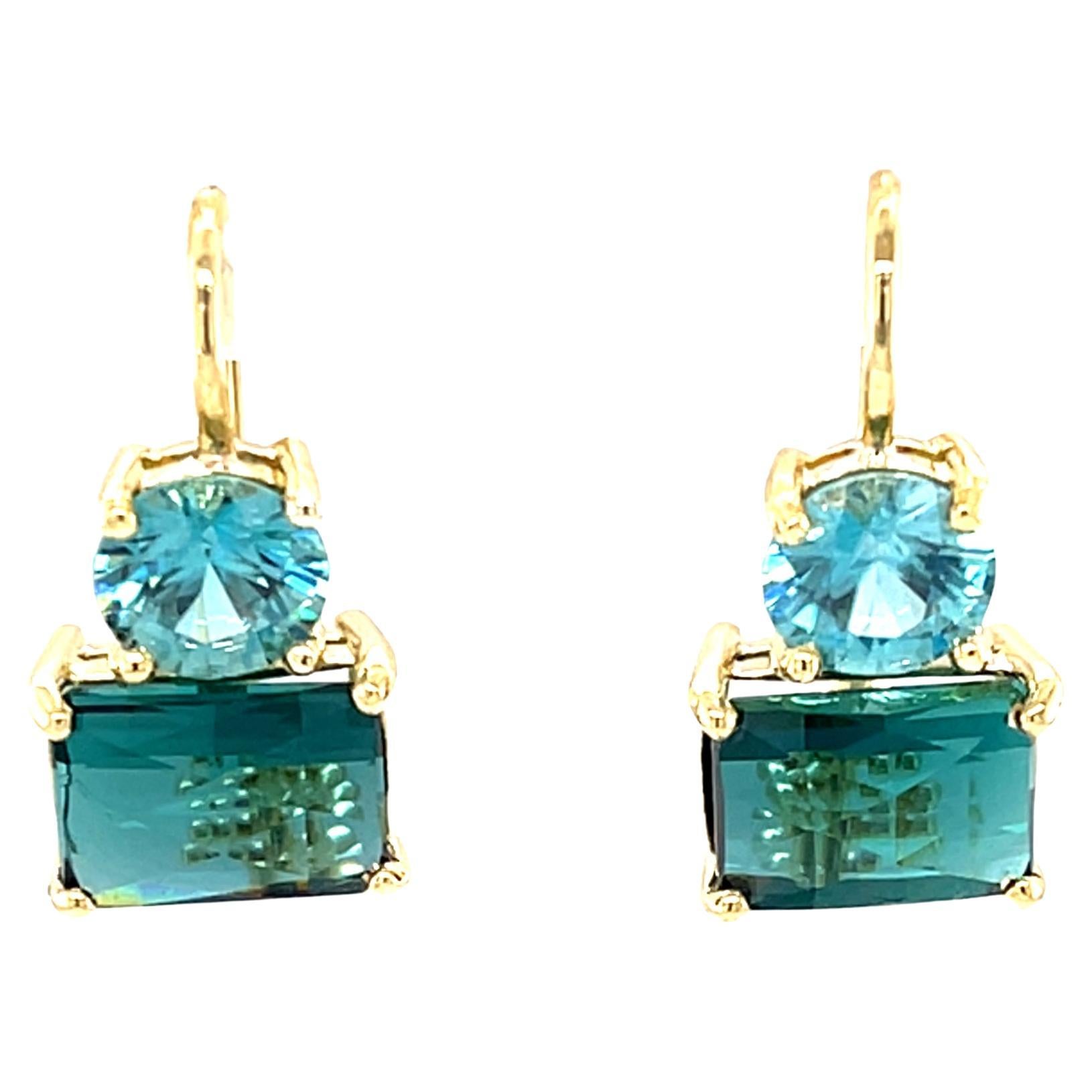 Indicolite Tourmaline and Blue Zircon Drop Earrings in 18k Yellow Gold