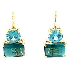 Indicolite Tourmaline and Blue Zircon Drop Earrings in 18k Yellow Gold