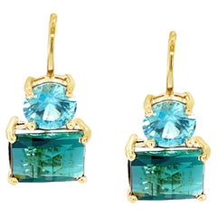 Indicolite Tourmaline and Blue Zircon Drop Earrings in 18k Yellow Gold