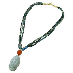 Indicolite Tourmaline and Gold Filled Multi-Strand Necklace with Jadeite Guanyin