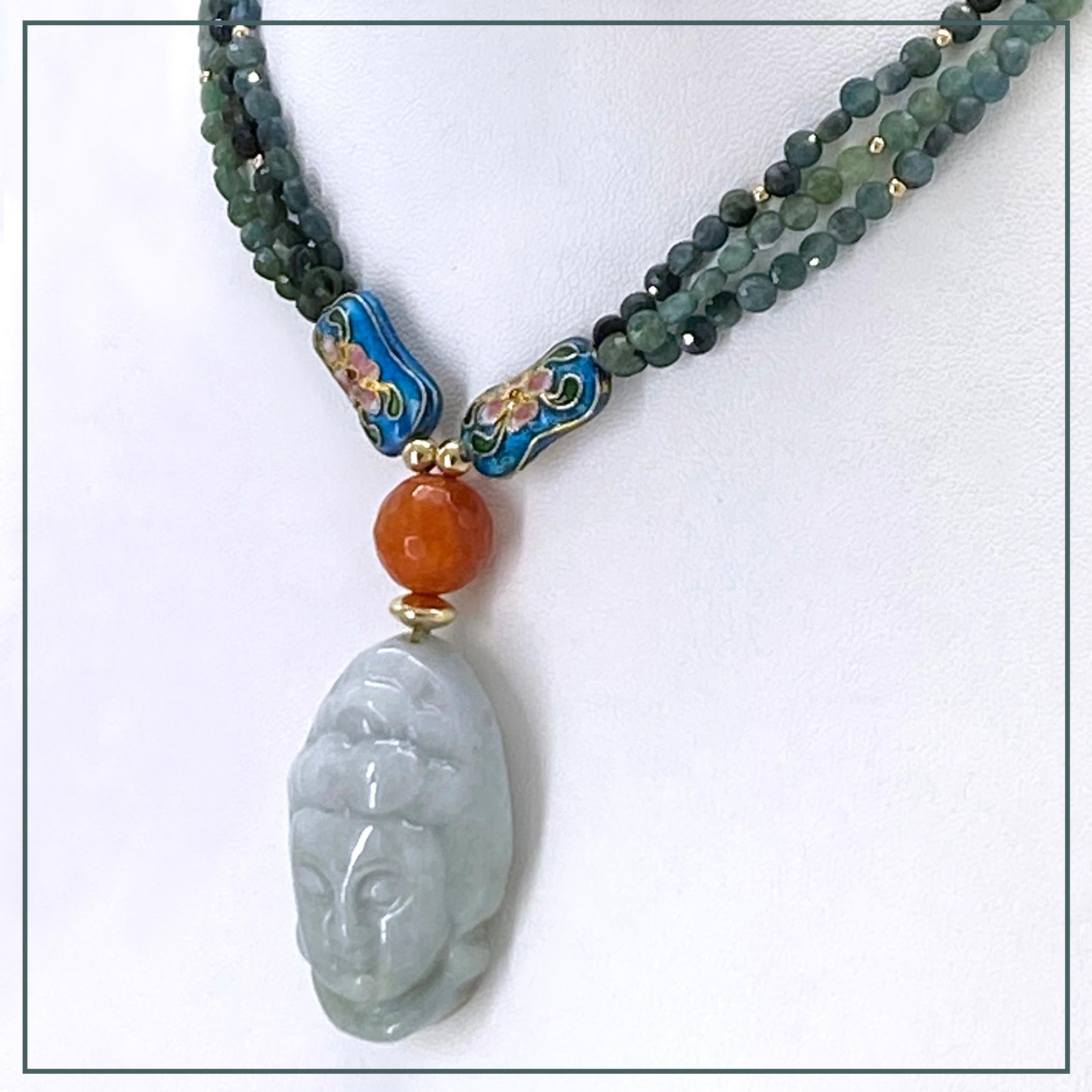 Artista Indicolite Tourmaline and Gold Filled Multi-Strand Necklace with Jadeite Guanyin in vendita