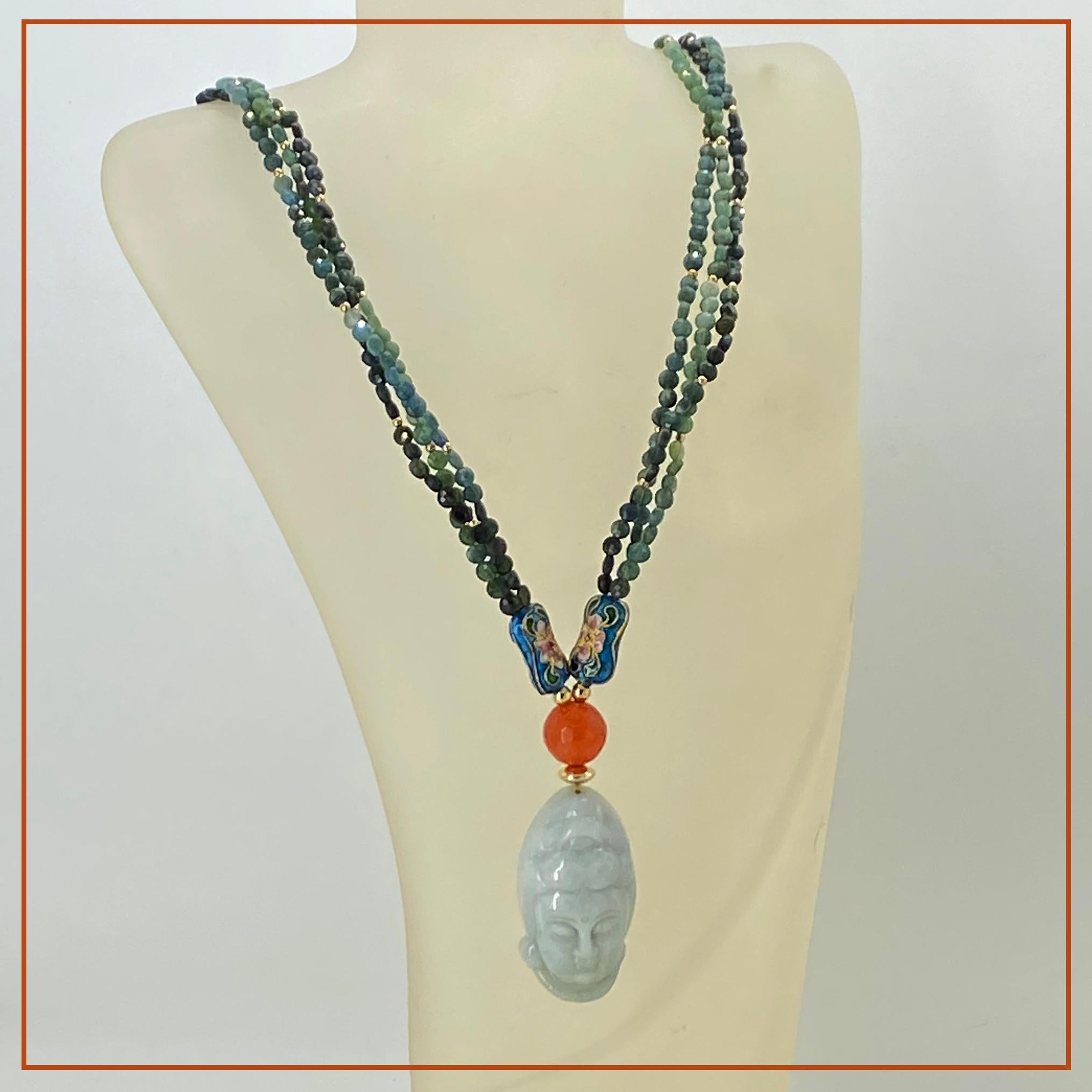 Perlina Indicolite Tourmaline and Gold Filled Multi-Strand Necklace with Jadeite Guanyin in vendita