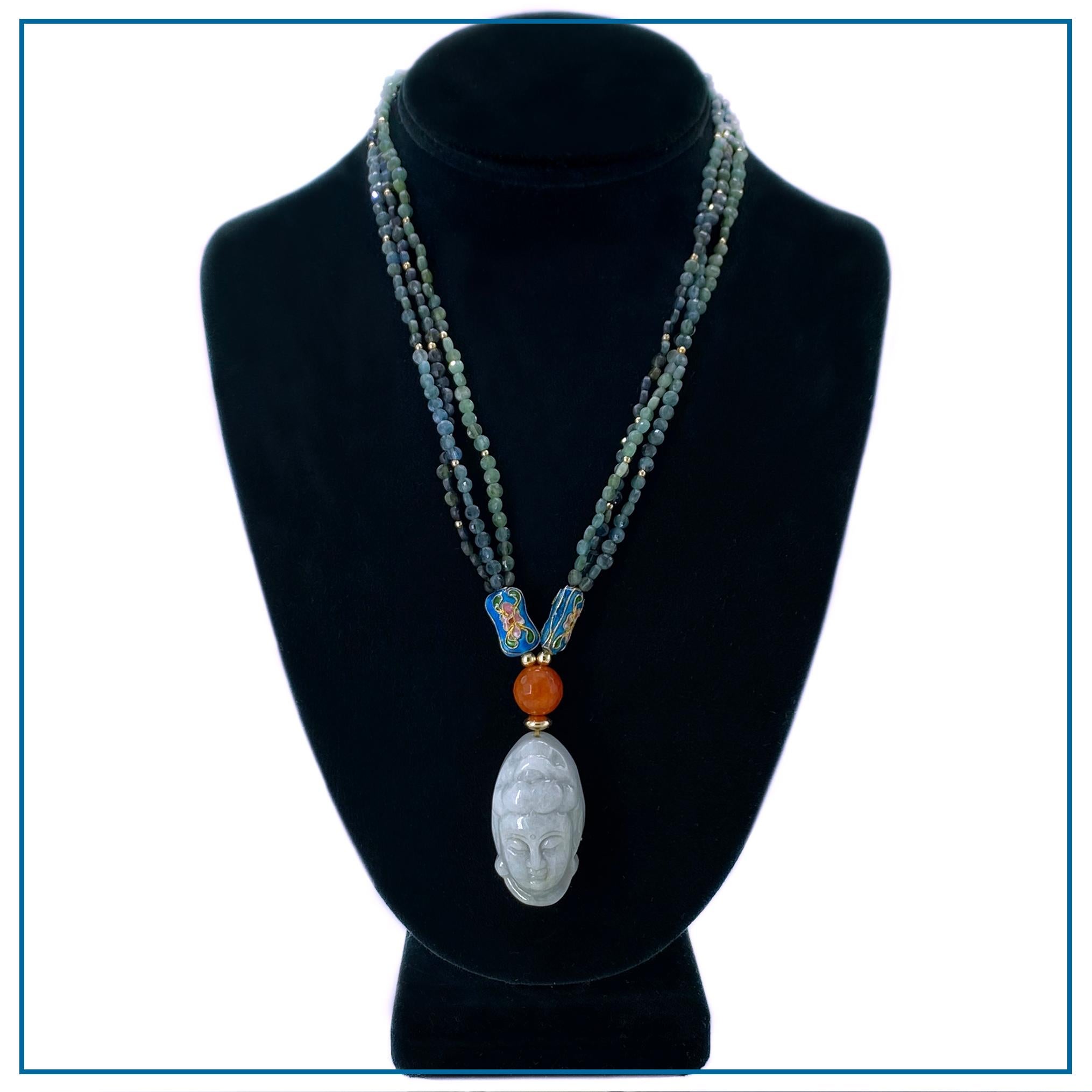 Donna Indicolite Tourmaline and Gold Filled Multi-Strand Necklace with Jadeite Guanyin in vendita