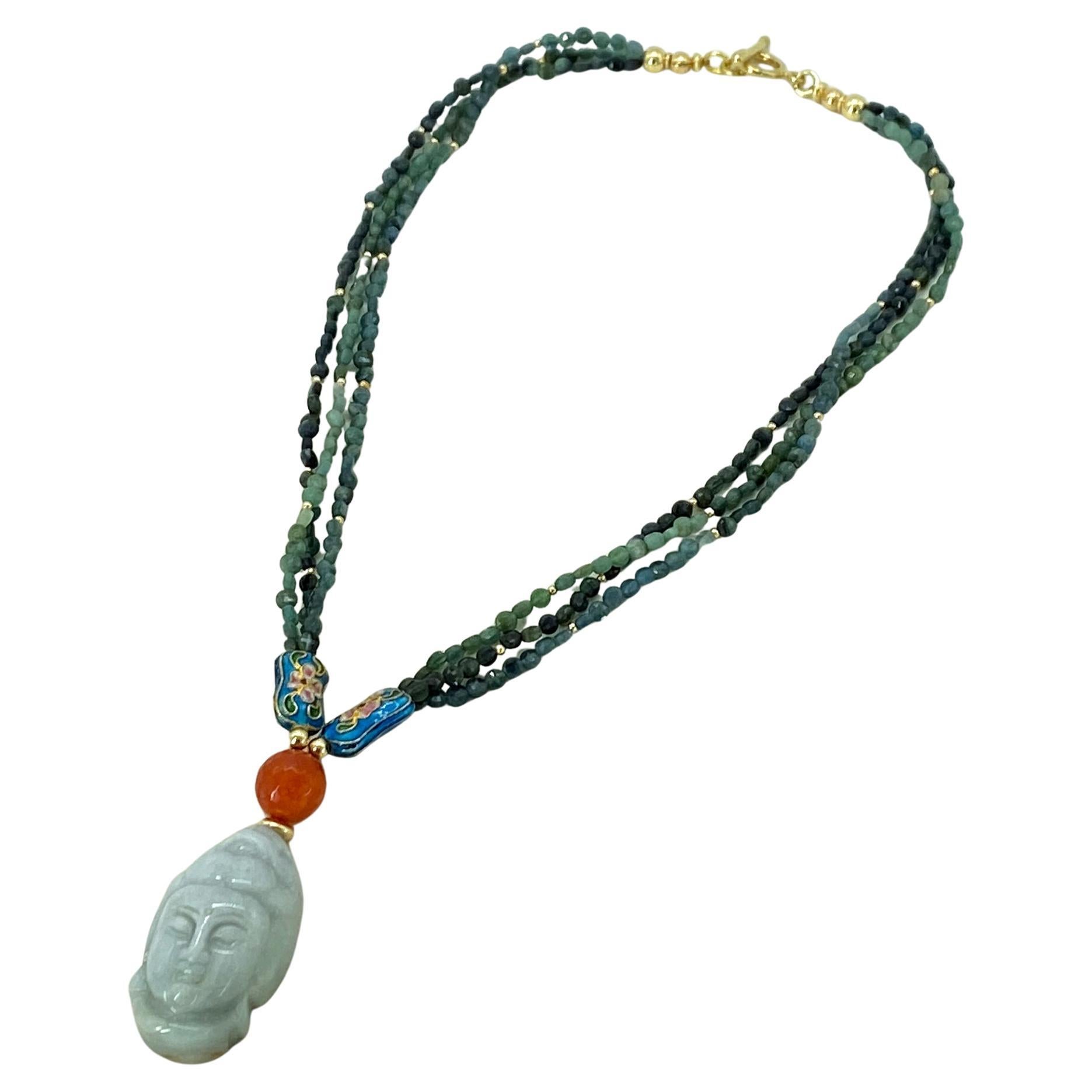 Indicolite Tourmaline and Gold Filled Multi-Strand Necklace with Jadeite Guanyin in vendita 1