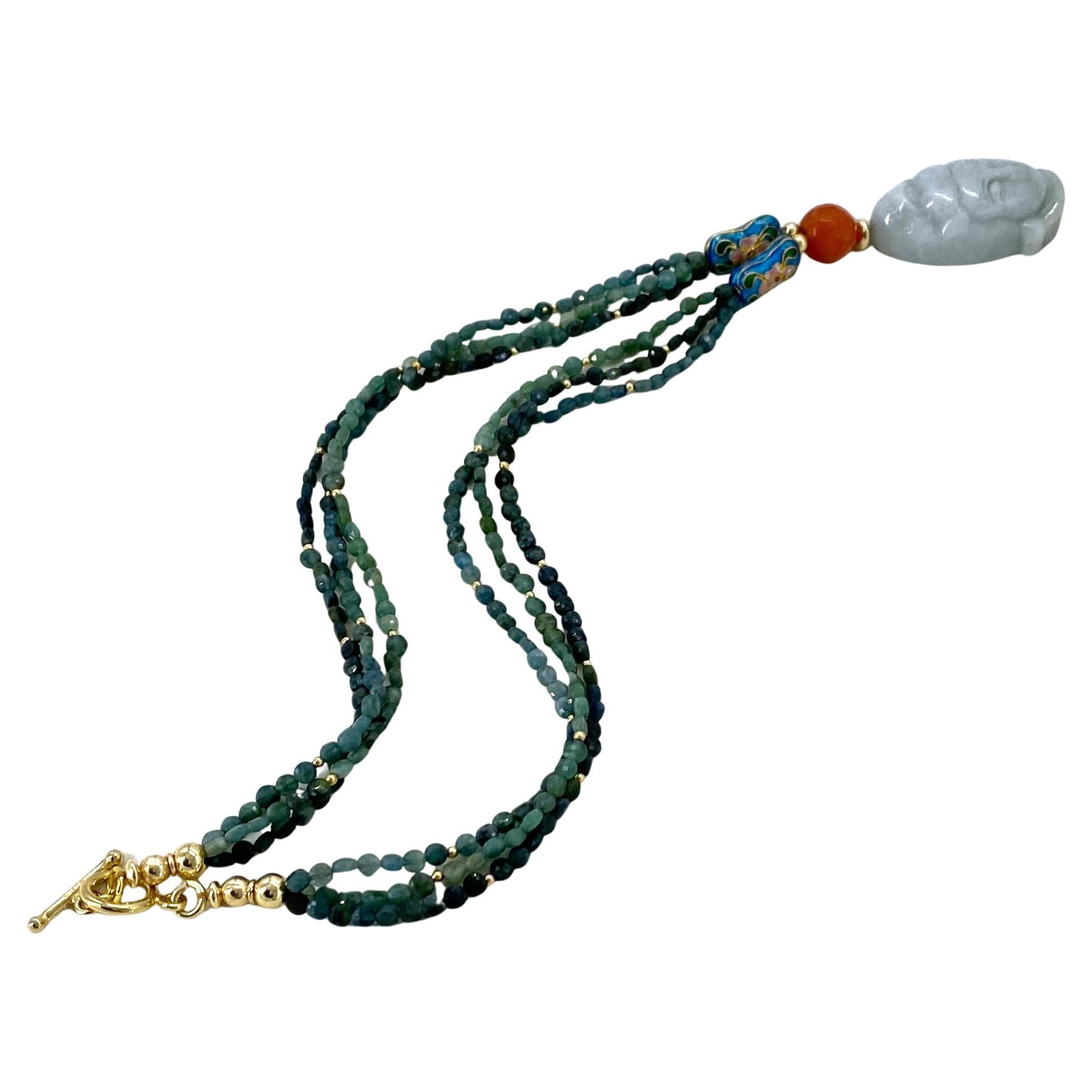 Indicolite Tourmaline and Gold Filled Multi-Strand Necklace with Jadeite Guanyin in vendita 2