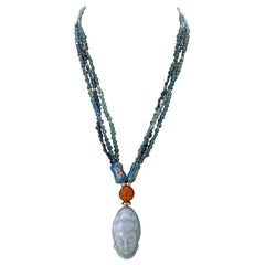 Indicolite Tourmaline and Gold Filled Multi-Strand Necklace with Jadeite Guanyin