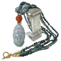 Indicolite Tourmaline and Gold Filled Multi-Strand Necklace with Jadeite Guanyin