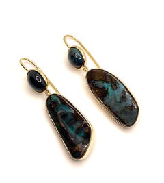Indicolite Tourmaline & Boulder Opal Cabochon Dangle 18K Yellow Gold Earrings