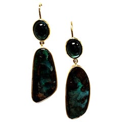 Indicolite Tourmaline & Boulder Opal Cabochon Dangle 18K Yellow Gold Earrings