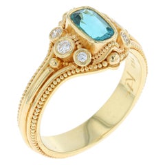 Indicolite Tourmaline, Diamond 18 Karat Gold Cocktail Ring with Fine Granulation