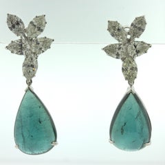 Indicolite Tourmaline Diamond Cluster 18k White Gold Drop Earrings
