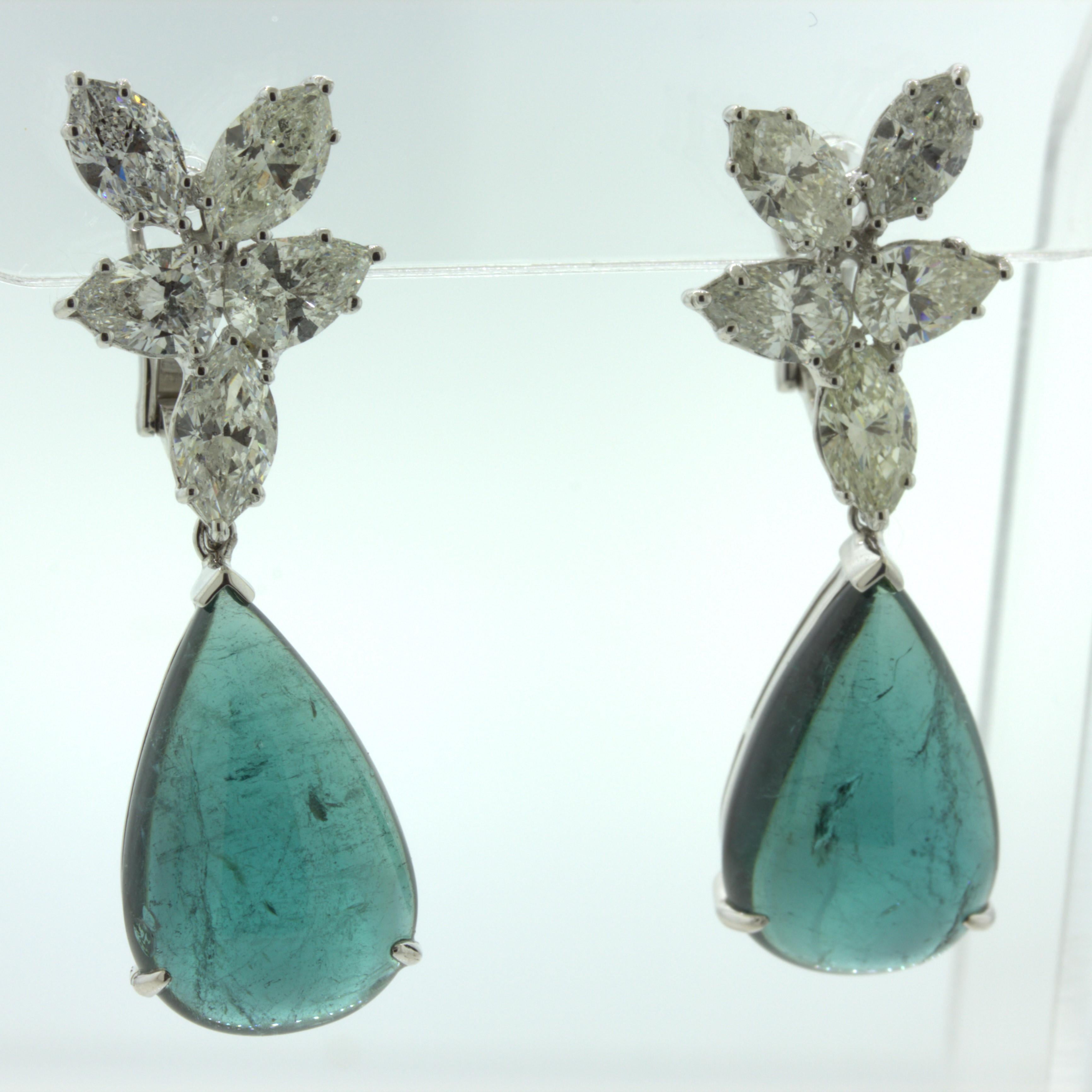 Indicolite Tourmaline Diamond Cluster 18k White Gold Drop Earrings In New Condition In Beverly Hills, CA