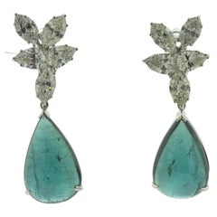 Indicolite Tourmaline Diamond Cluster 18k White Gold Drop Earrings