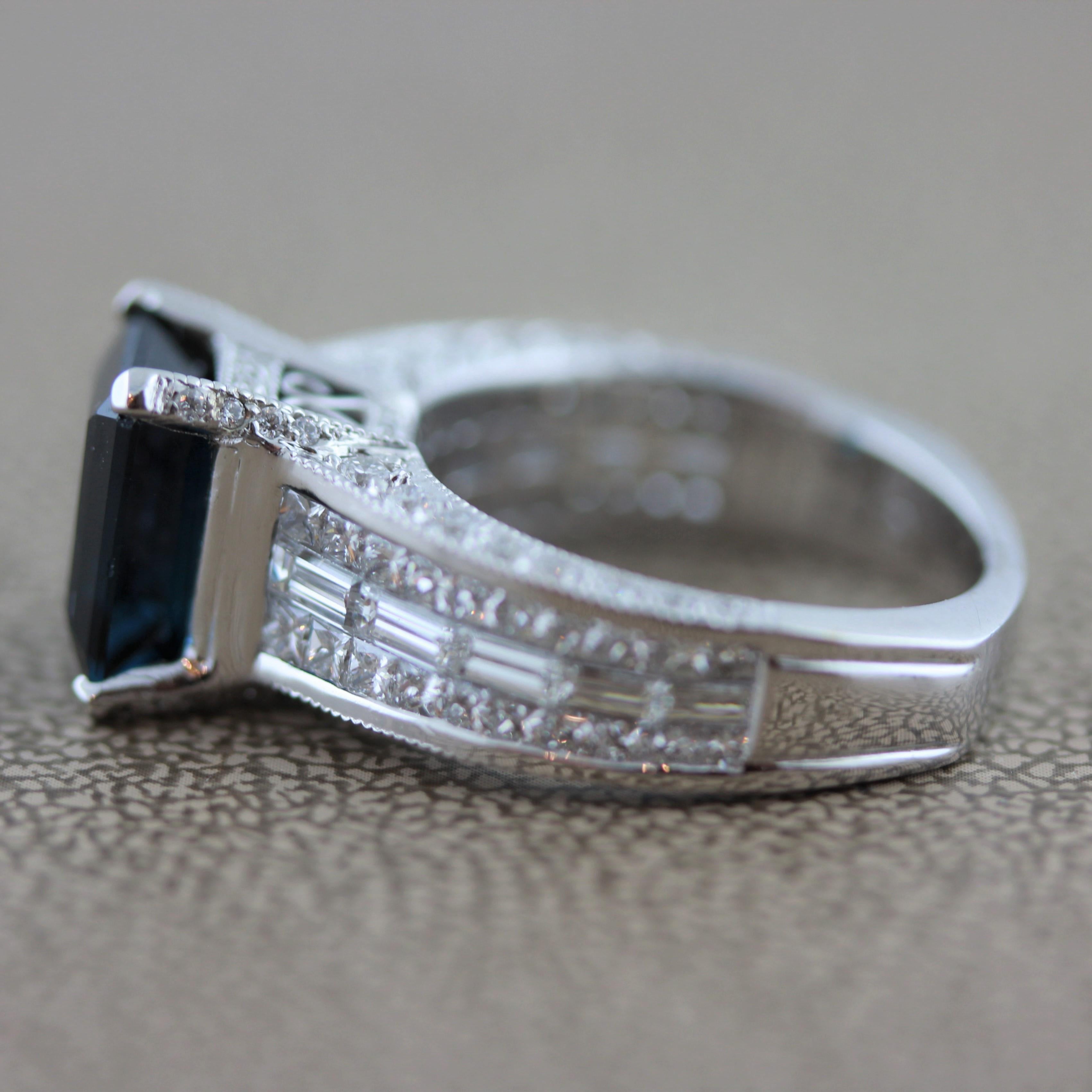 Emerald Cut Indicolite Tourmaline Diamond Gold Ring For Sale
