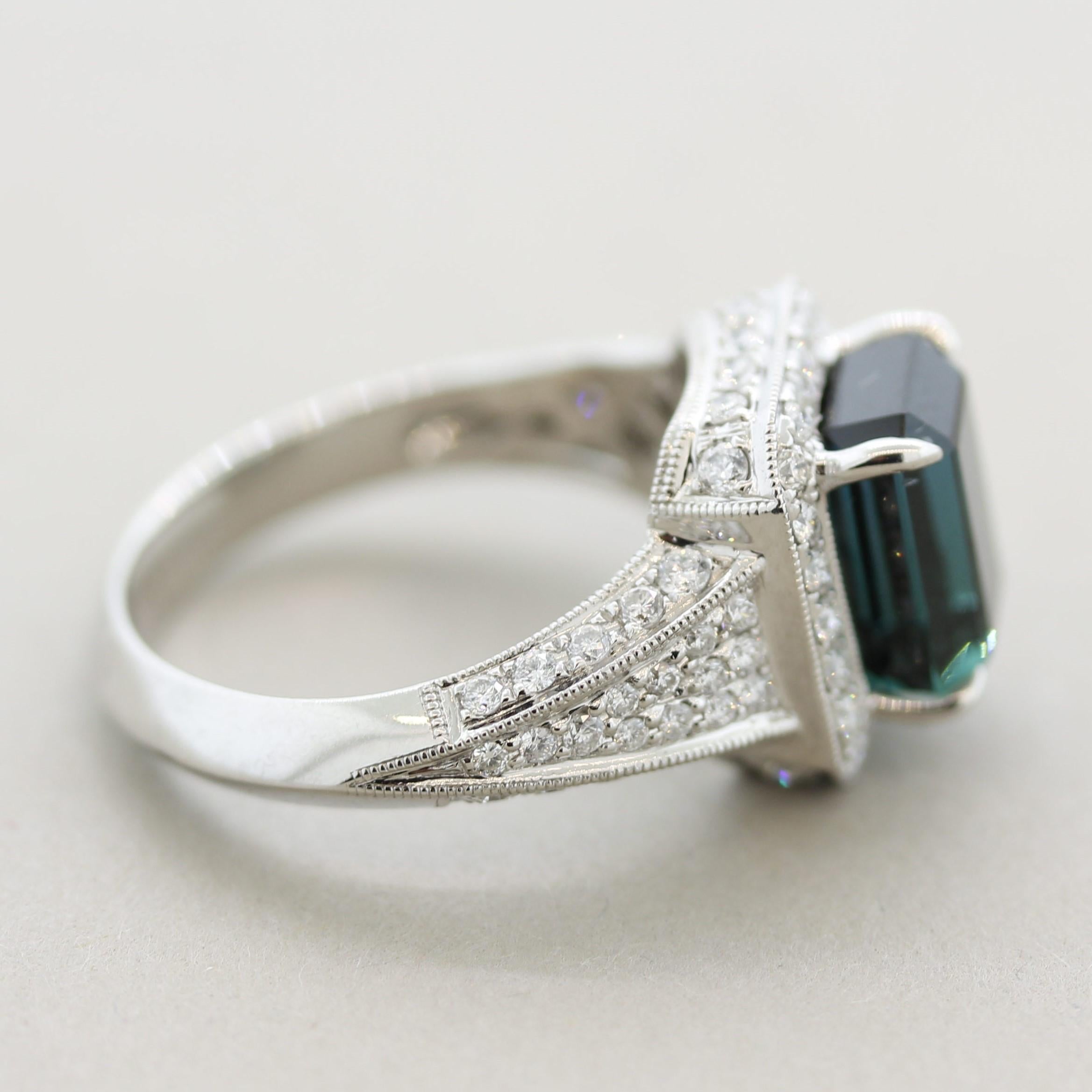 Mixed Cut Indicolite Tourmaline Diamond Gold Ring
