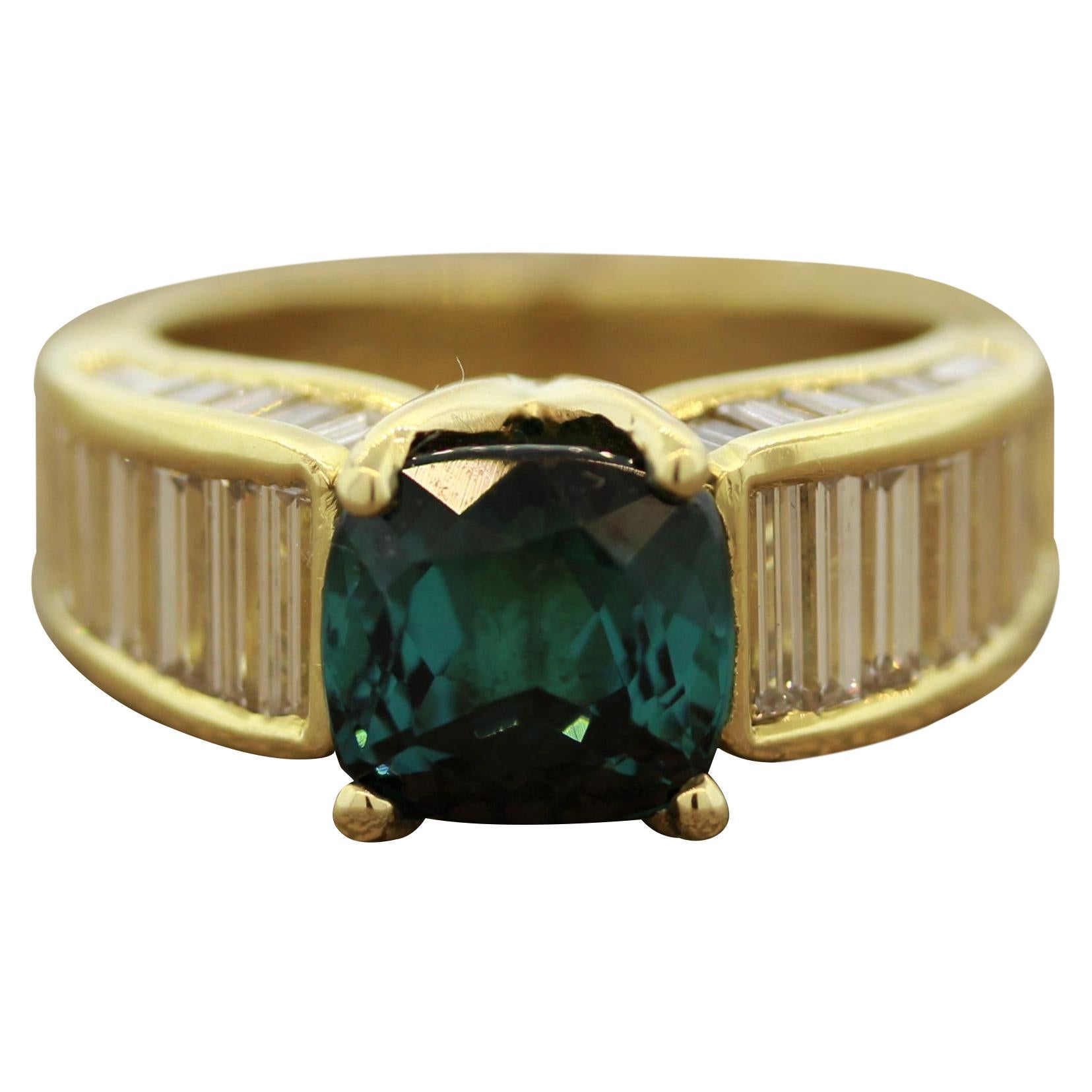 Indicolite Tourmaline Diamond Gold Ring For Sale