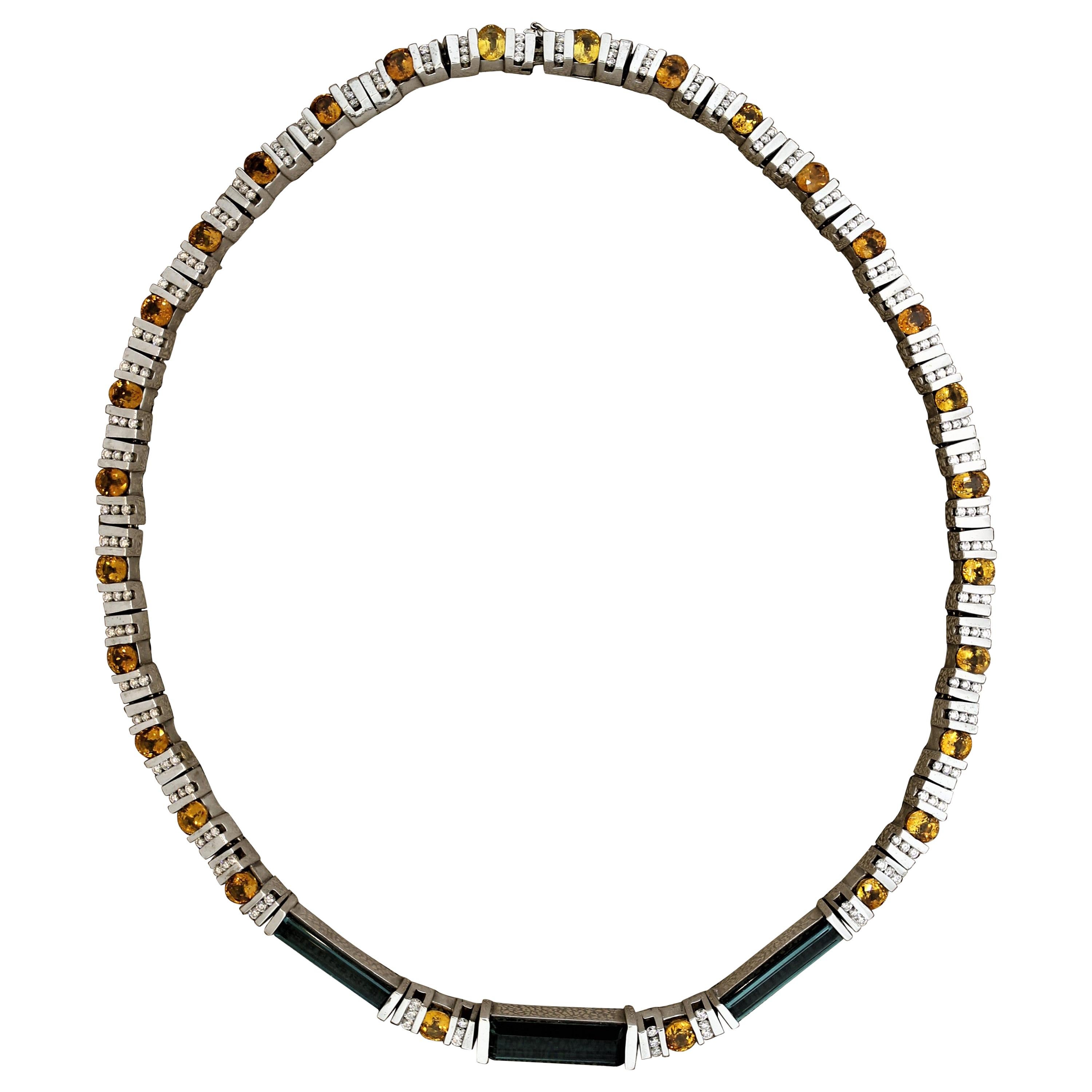 Indicolite-Tourmaline Orange-Sapphire Diamond Gold Collar Necklace