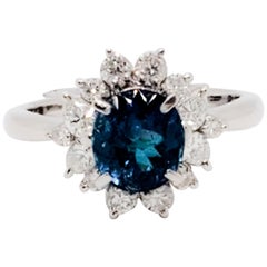 Indicolite Tourmaline Oval and White Diamond Cluster Ring in Platinum