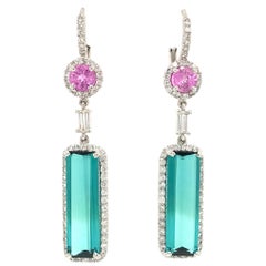 Indicolite Tourmaline Pink Sapphire Diamond Earrings 10.10 Carat 14 Karat Gold