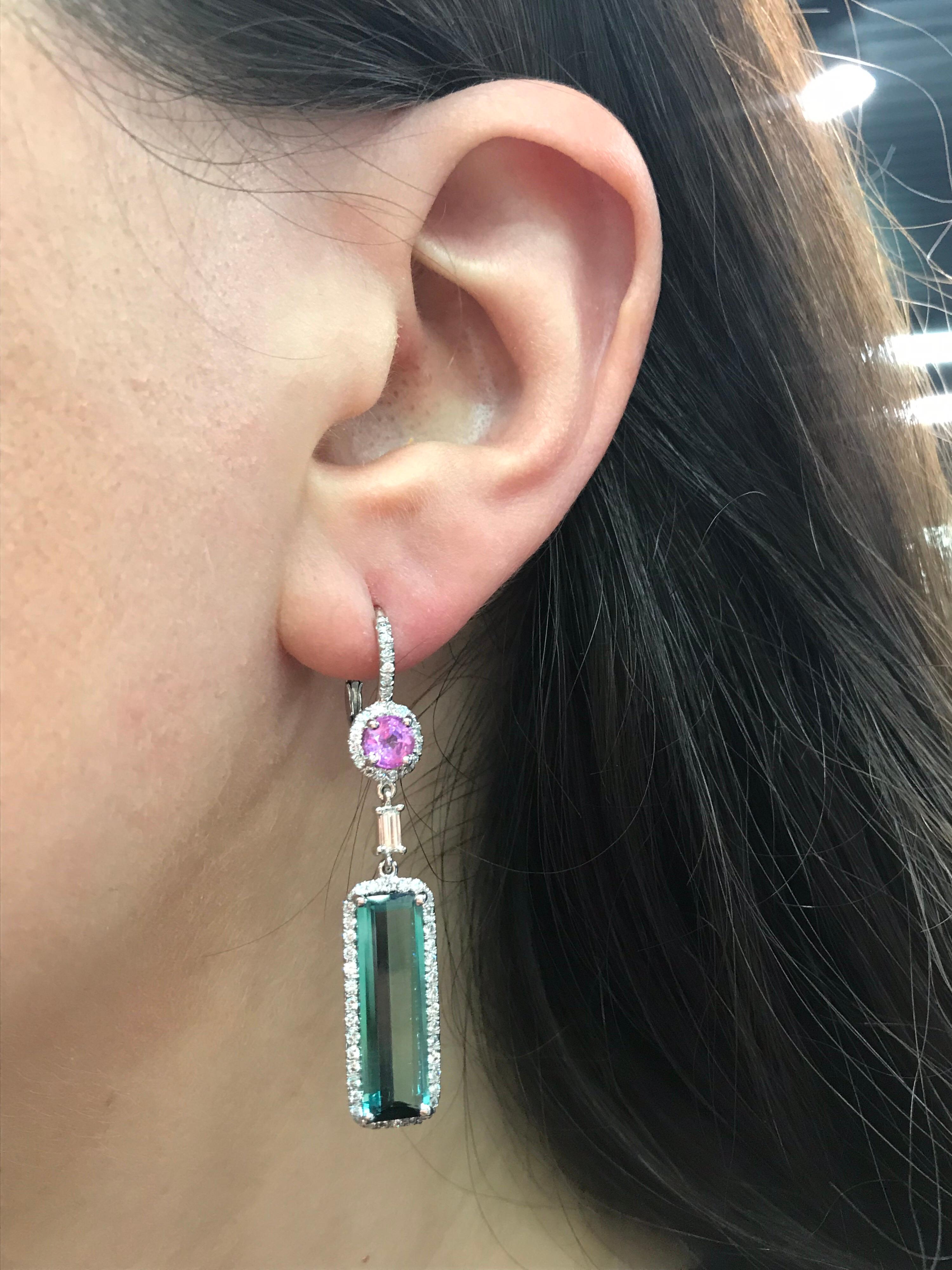 Indicolite Tourmaline Pink Sapphire Diamond Earrings 10.10 Carat 14 Karat Gold 5