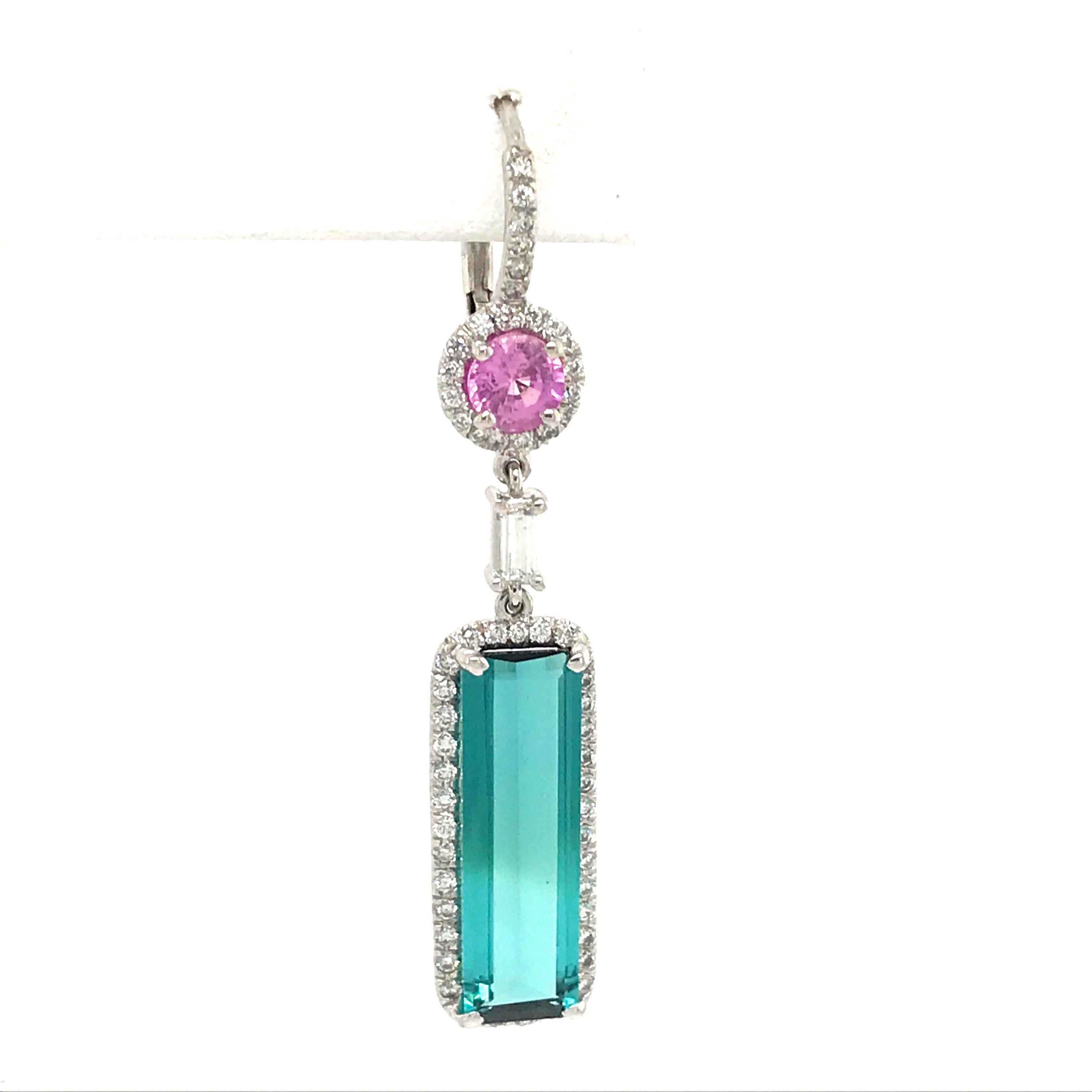 Contemporary Indicolite Tourmaline Pink Sapphire Diamond Earrings 10.10 Carat 14 Karat Gold
