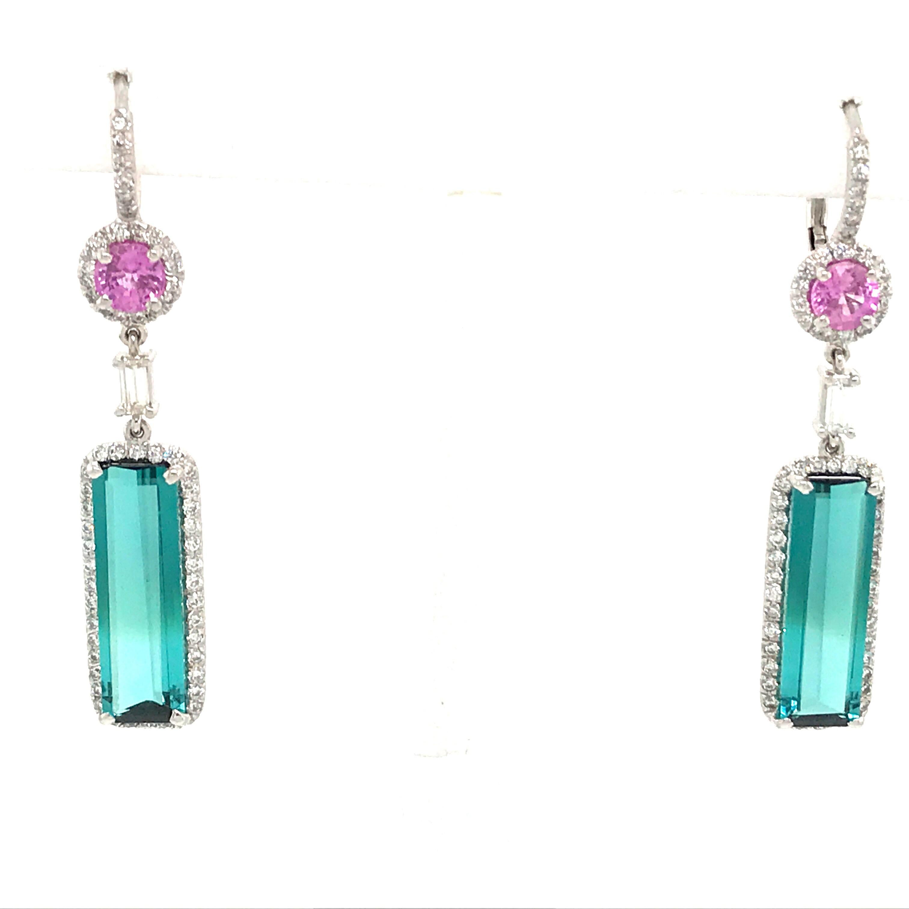 Emerald Cut Indicolite Tourmaline Pink Sapphire Diamond Earrings 10.10 Carat 14 Karat Gold
