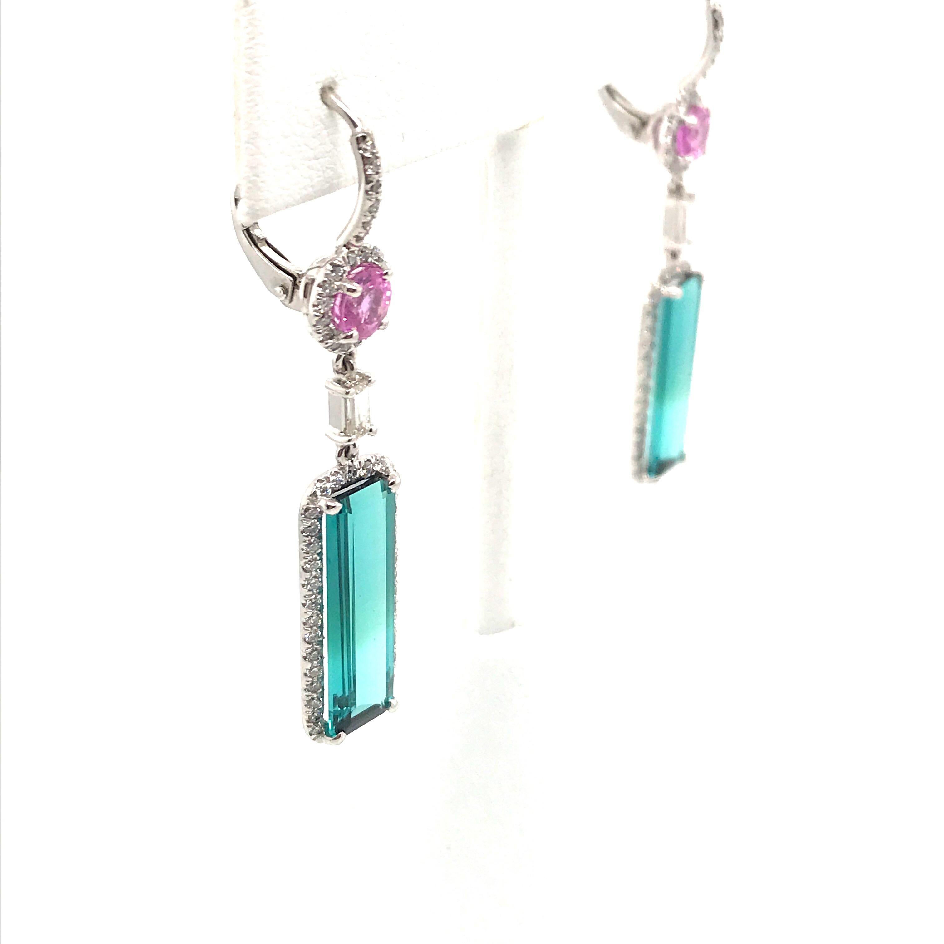 Indicolite Tourmaline Pink Sapphire Diamond Earrings 10.10 Carat 14 Karat Gold 1