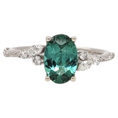 Indicolite Tourmaline Ring w Earth Mined Diamonds in Solid 14K Gold OV 8.5x6mm