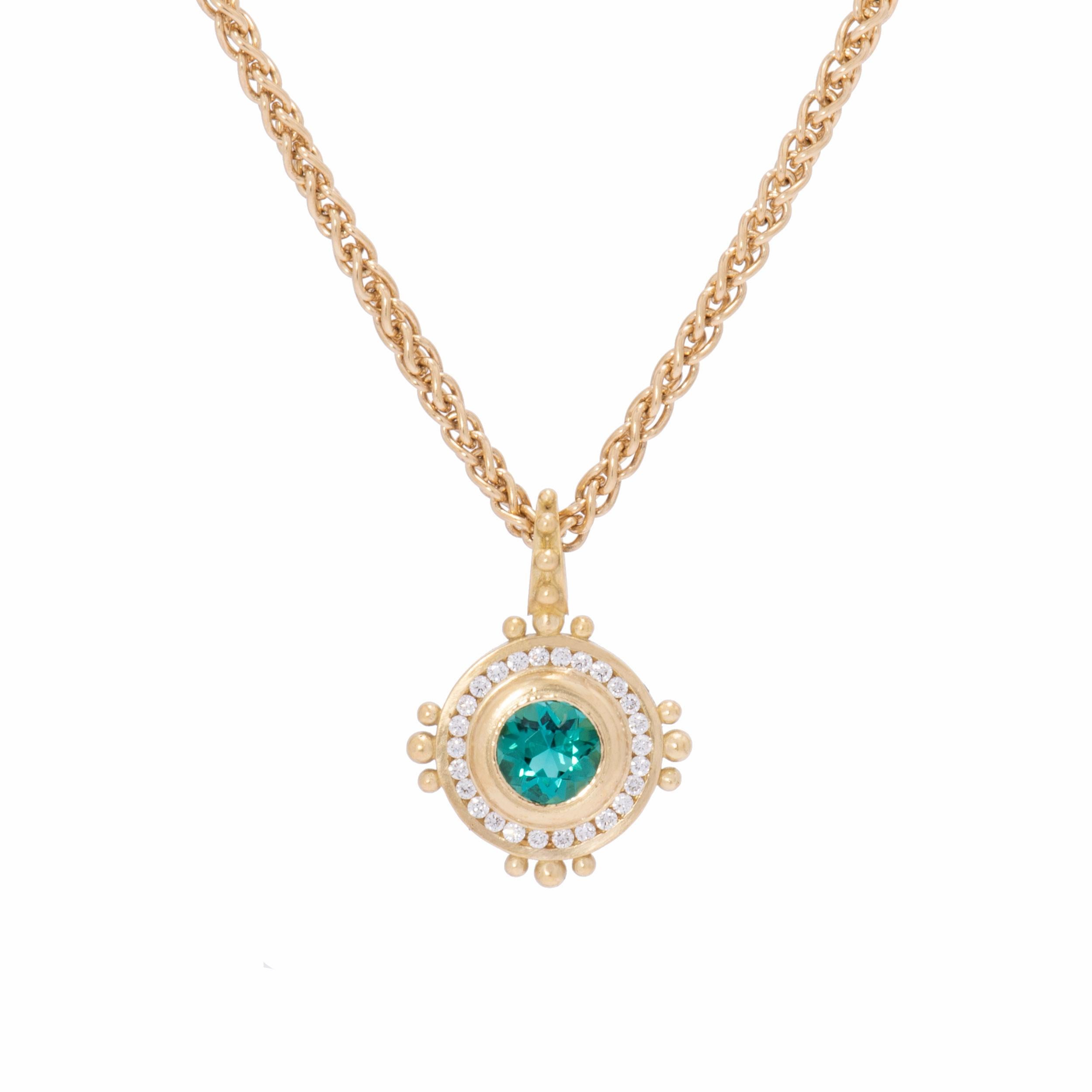 Indicolite Tourmaline Sun Pendant with Diamonds in 18 Karat Gold (Zeitgenössisch) im Angebot