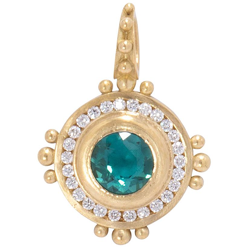 Indicolite Tourmaline Sun Pendant with Diamonds in 18 Karat Gold im Angebot