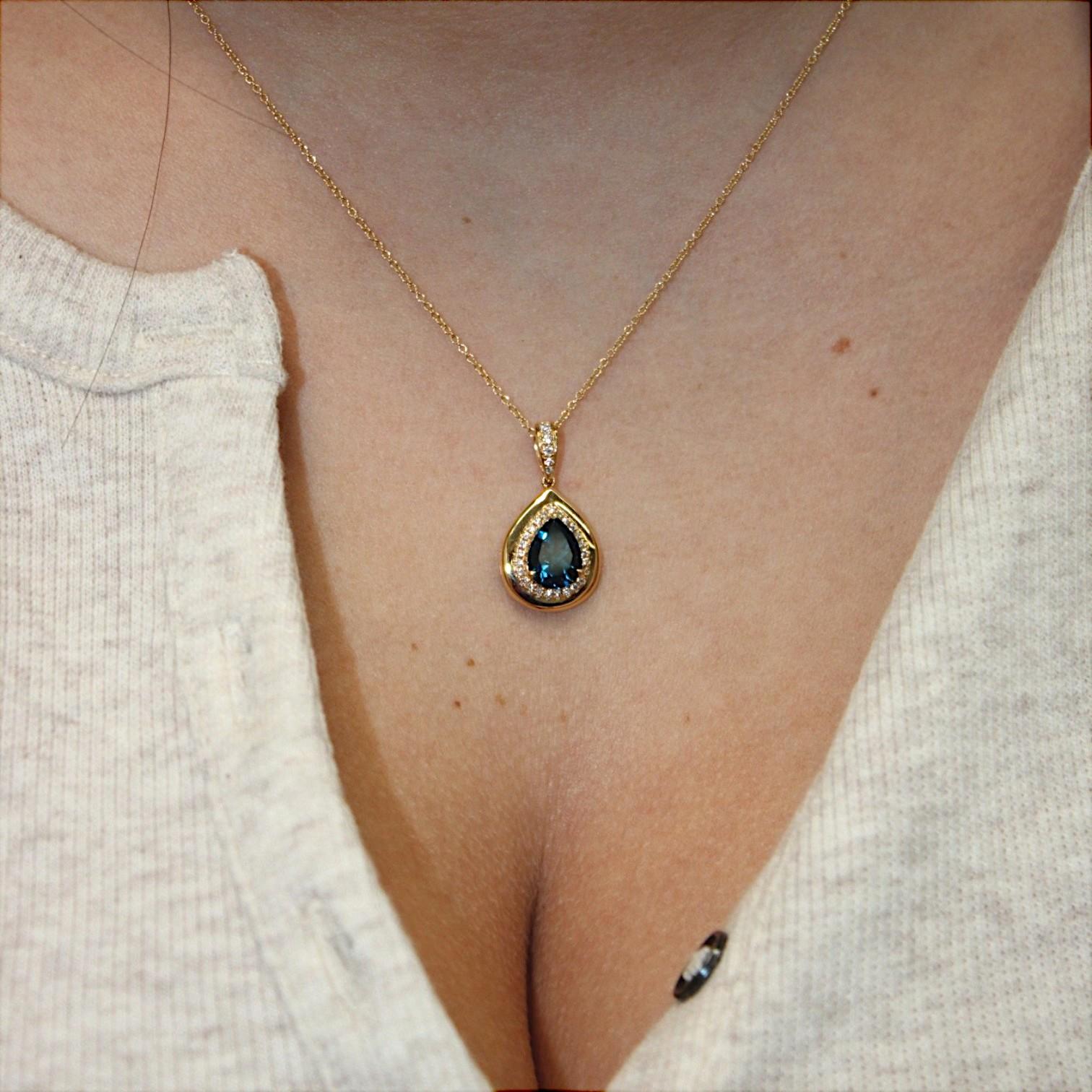 Art Deco Indie  18k Yellow Gold Pendant – 1.85 ct London Blue Topaz & .18 ctw Diamonds For Sale