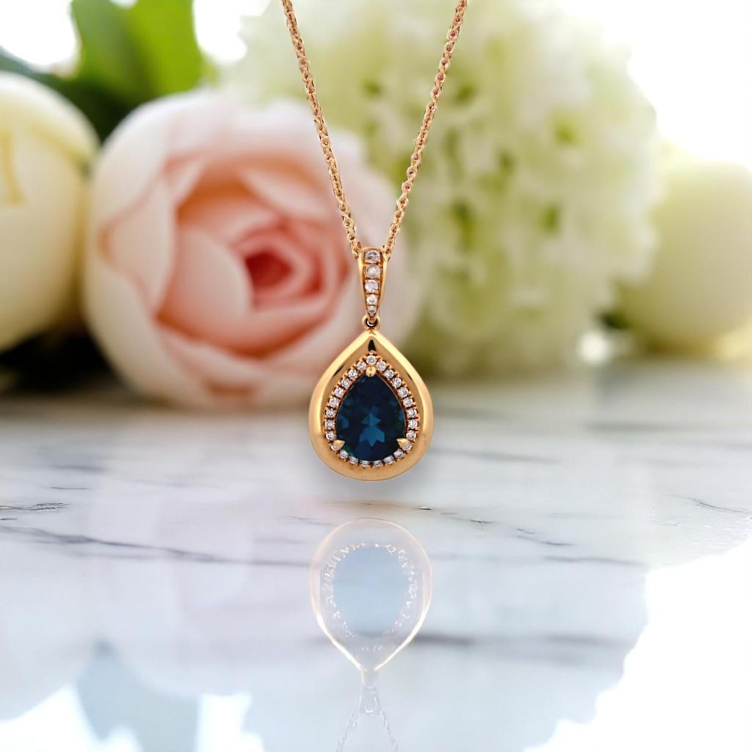 Pear Cut Indie  18k Yellow Gold Pendant – 1.85 ct London Blue Topaz & .18 ctw Diamonds For Sale