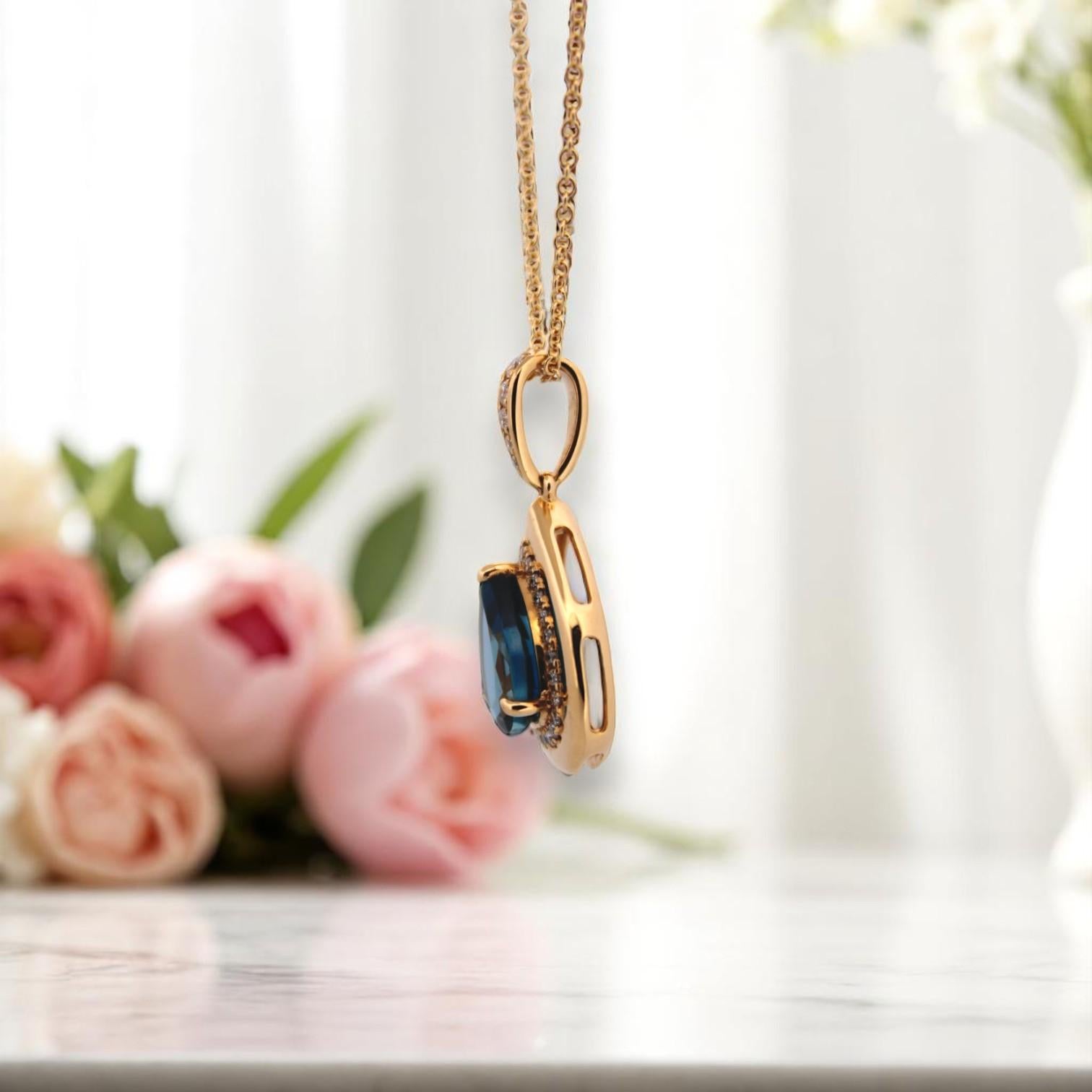 Indie  18k Yellow Gold Pendant – 1.85 ct London Blue Topaz & .18 ctw Diamonds In New Condition For Sale In Greeneville, TN