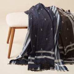 Indie Throw In Indigo , Minimal Geometric Motifs Hand-woven In Organic Cotton