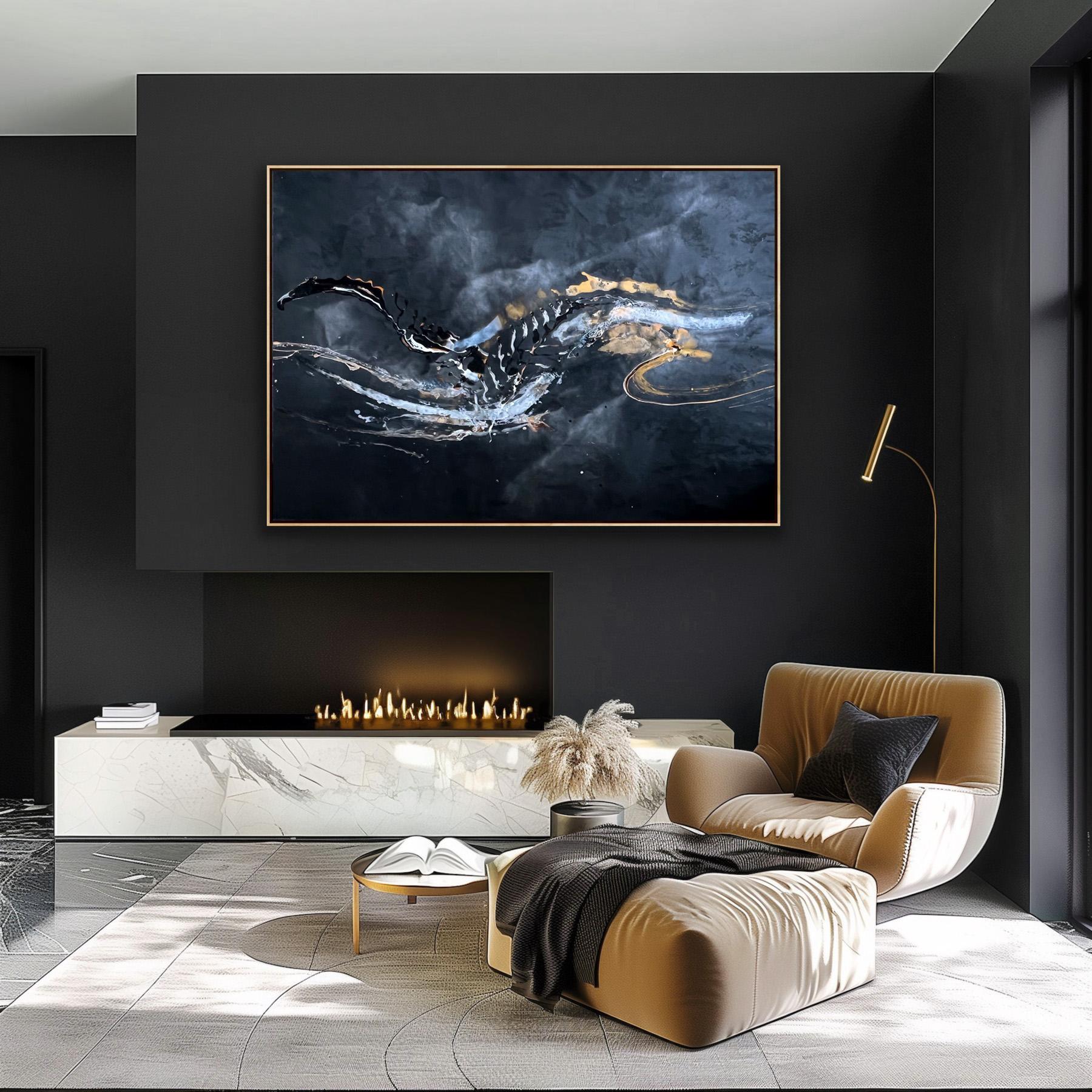 Russian Contemporary Art by Indie Ru - Black Abstract Energy in Gold and Silver For Sale 5