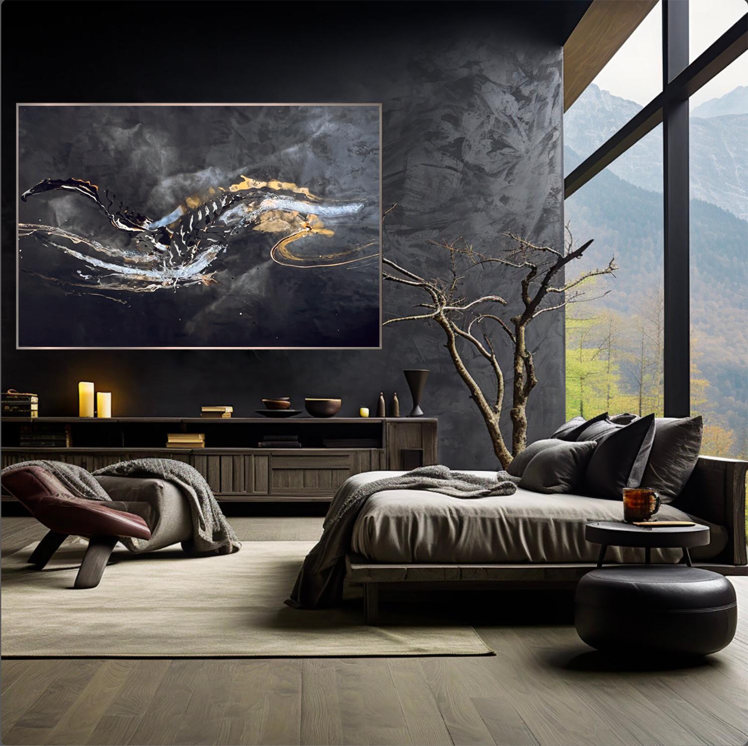 Russian Contemporary Art by Indie Ru - Black Abstract Energy in Gold and Silver For Sale 6