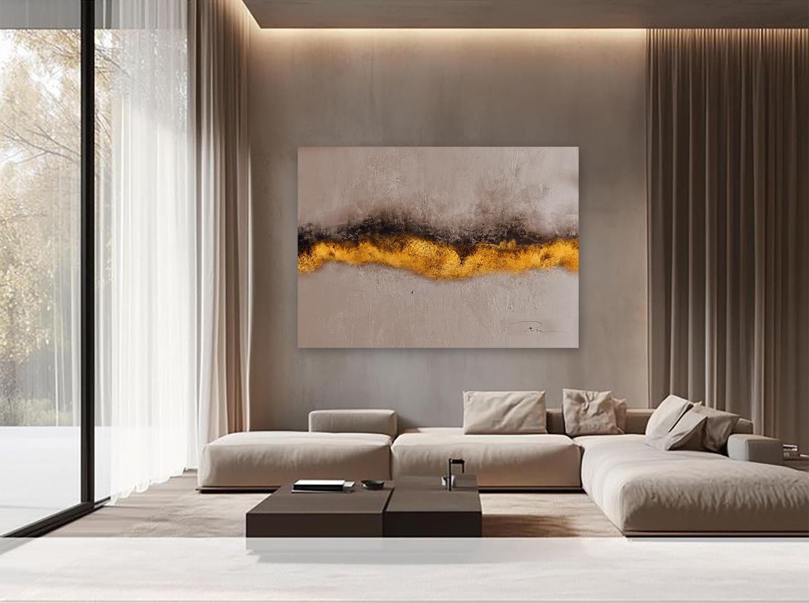 Russische zeitgenössische Kunst von Indie Ru - Gold Beige Abstrakt im Angebot 1