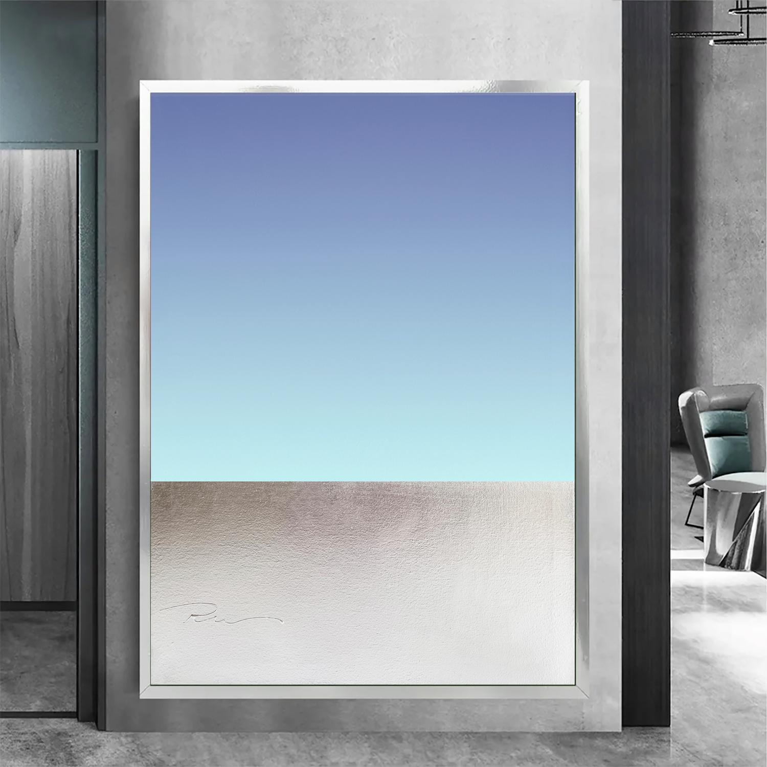 Russische zeitgenössische Kunst von Indie Ru - Minimalistische türkisfarbene Seelandschaft im Angebot 6
