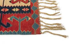 Indigenous American Woven Patterned Red, Blue, and Beige Rectangular Fringed Rug